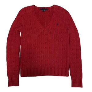 Vtg Ralph Lauren Sport Womens Cableknit V Neck Sweater L Tennis Preppy Old Money